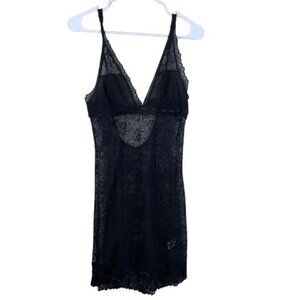 Black Sheer Lace Floral Whimsigoth Y2K Style Babydoll Slip Dress - Size Large